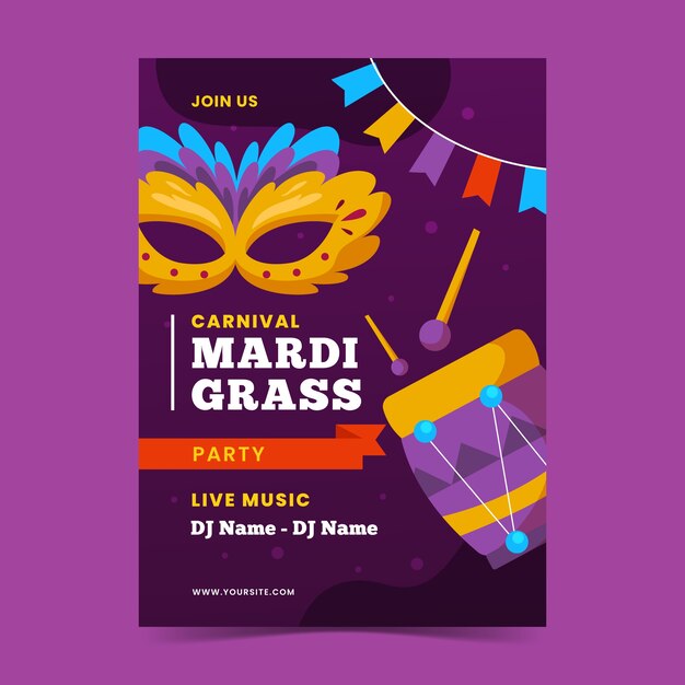 Modelo de folheto de design plano Mardi gras