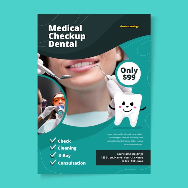 Modelo de folheto dental de design plano desenhado à mão