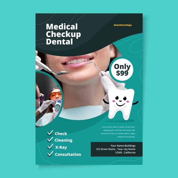 Modelo de folheto dental de design plano desenhado à mão