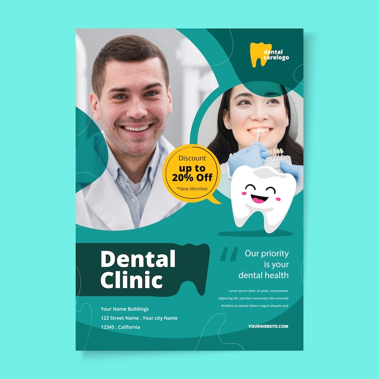 Vetor grátis modelo de folheto dental de design plano desenhado à mão