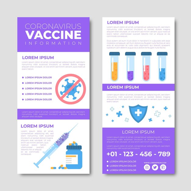 Modelo de folheto informativo de vacinação contra coronavírus desenhado à mão plana