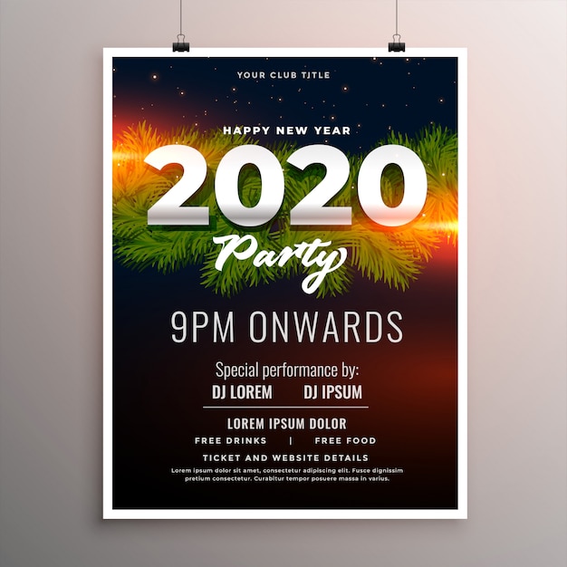 Vetor grátis modelo de folheto ou cartaz de festa de ano novo 2020