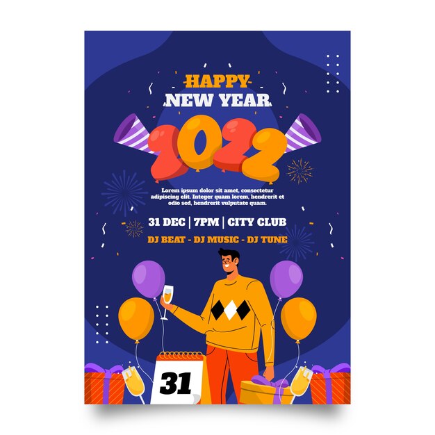 Modelo de folheto plano de festa de ano novo desenhado à mão