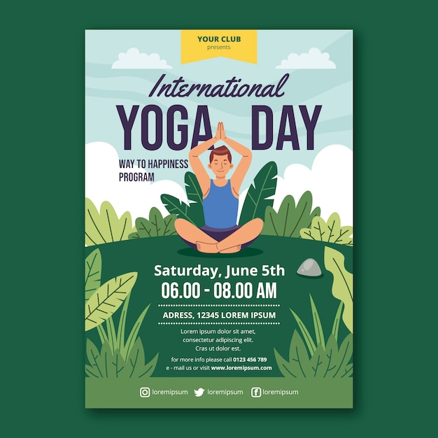 Modelo de folheto vertical de dia internacional de ioga plano com pessoa fazendo ioga
