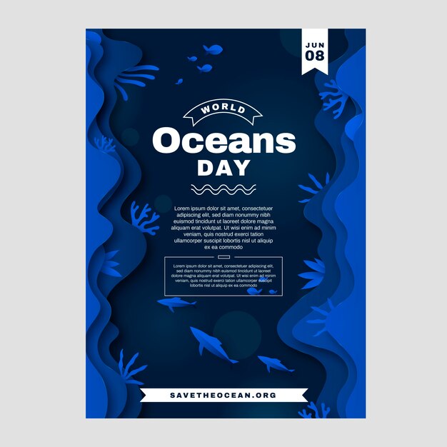 Modelo de folheto vertical do dia mundial dos oceanos de estilo de papel