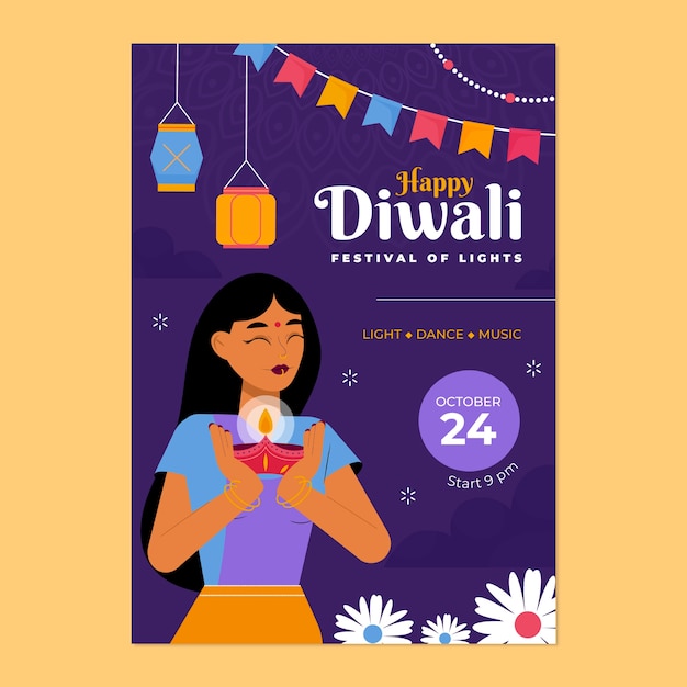 Modelo de folheto vertical plano para celebração de diwali