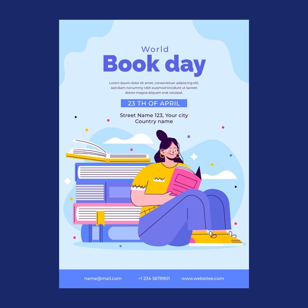 Modelo de folheto vertical plano para celebração do dia mundial do livro