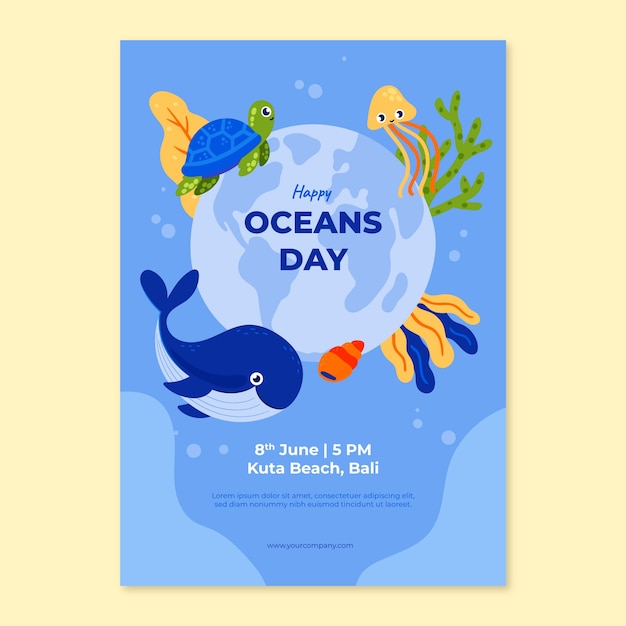 Modelo de folheto vertical plano para celebração do dia mundial dos oceanos