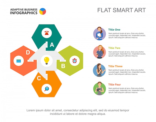 Modelo de gráfico de processo de trabalho de quatro etapas para apresentação. visualização de dados corporativos.