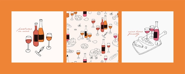 Modelo de ilustração na moda vetorial e ícones em conjuntos de vinho de estilo linear com garrafas de copos de vinho e pratos com queijo e frutas
