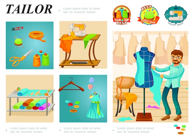 Modelo de infográfico de alfaiataria plana com tesoura de botões de tecido de cabide mestre tesoura fita de carretéis de linha de corte máquina de costura dedal etiquetas de alfaiate