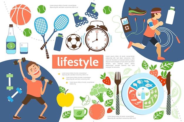 Vetor grátis modelo de infográfico de estilo de vida plano ativo com atletas esporte equipamento despertador e ilustração de comida saudável