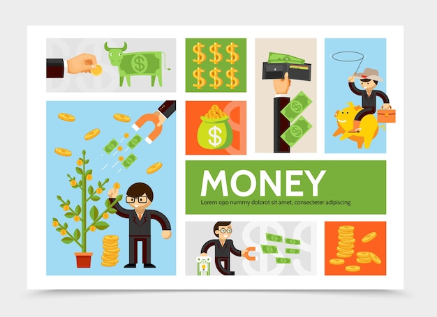 Modelo de infográfico de moeda e dinheiro com dinheiro árvore moedas empresário dólar vaca carteira financeira ímã