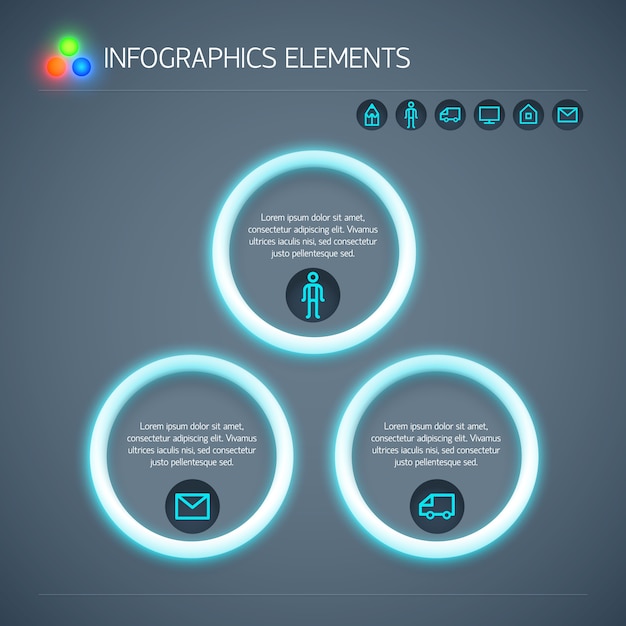 Modelo de infográfico de negócios abstratos com texto de círculos de néon e ícones isolados