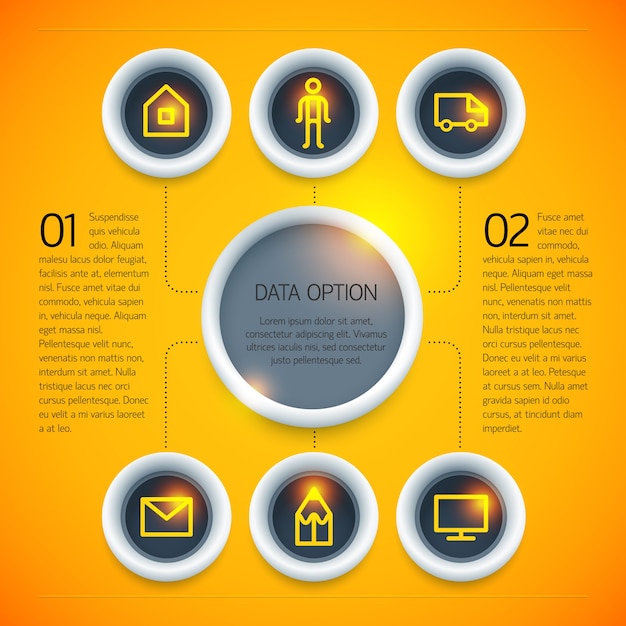 Modelo de infográfico de negócios digitais com opções de ícones de texto de círculos em fundo laranja claro isolado