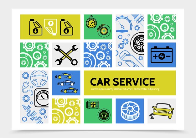 Modelo de infográfico de serviço de carro com disco de freio a óleo velocímetro chaves de bateria pneu volante