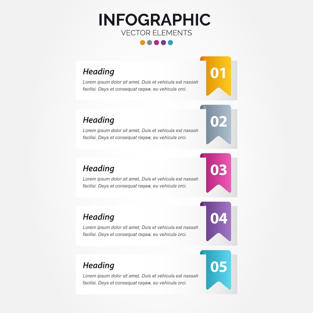 Modelo de infográfico vertical de negócios de apresentação com ilustração vetorial de 5 opções