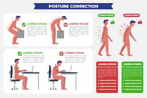 Vetor grátis modelo de infográficos de correção de postura plana