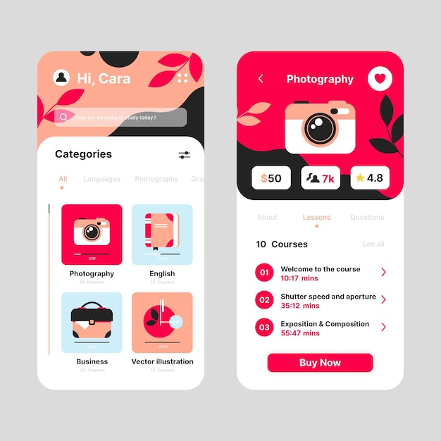 Modelo de interface do aplicativo do curso ilustrado