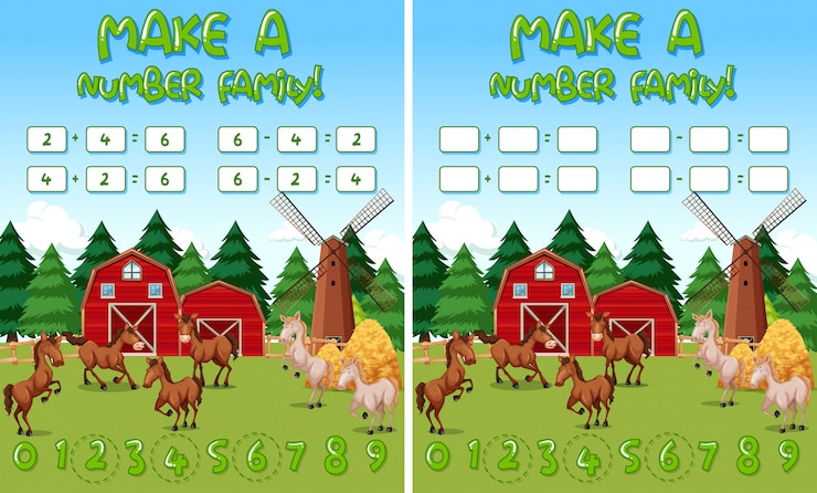 Vetor grátis modelo de jogo de matemática de fazenda com cavalos e objetos de fazenda