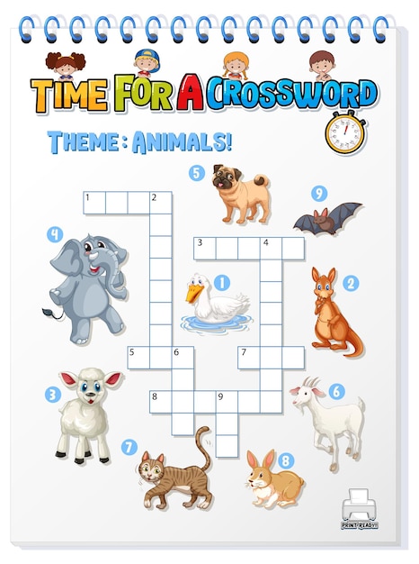 Vetor grátis modelo de jogo de palavras cruzadas sobre animais