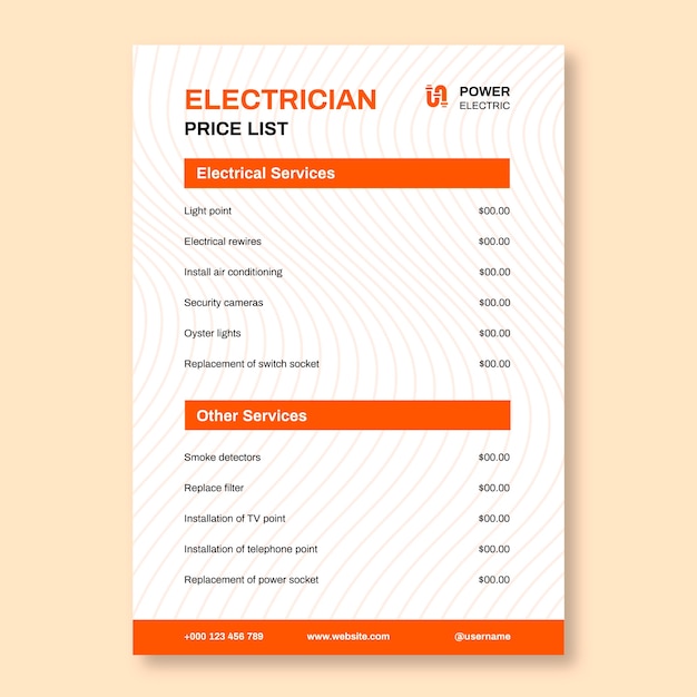 Vetor grátis modelo de lista de preços da empresa elétrica