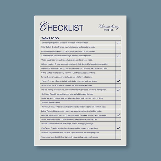Modelo de lista de verificação de gestão hoteleira