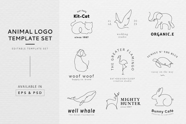 Vetor grátis modelo de logotipo de animal, ilustração de arte de linha definir vetor