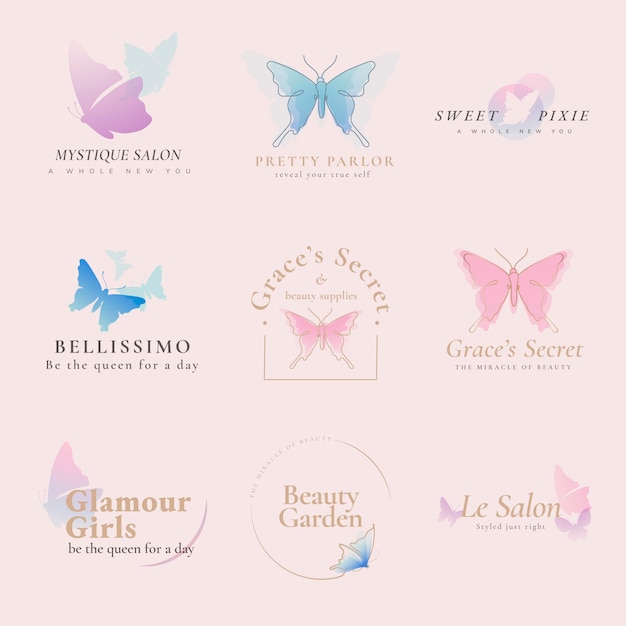 Vetor grátis modelo de logotipo de borboleta, negócios de beleza, conjunto de vetor gráfico plano criativo em pastel