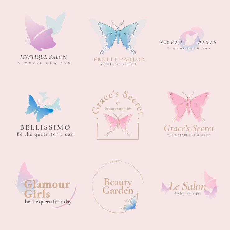 Vetor grátis modelo de logotipo de borboleta, negócios de beleza, conjunto de vetor gráfico plano criativo em pastel