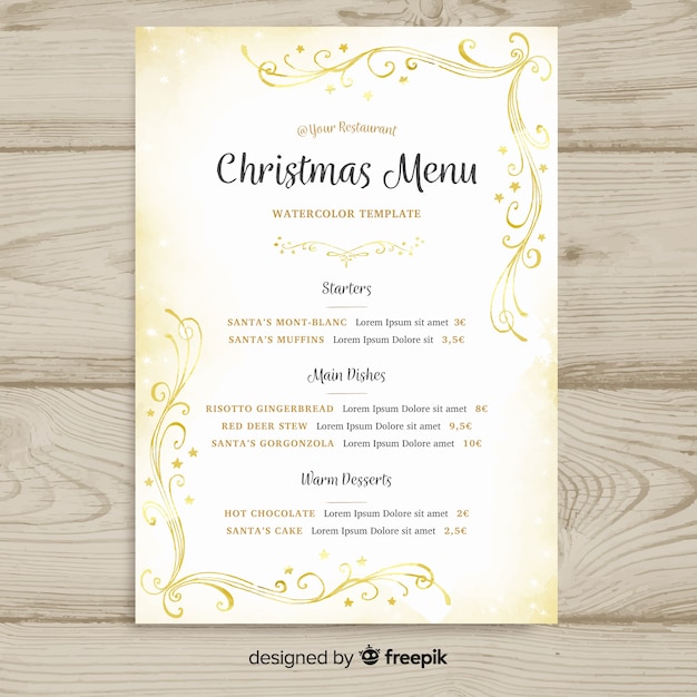 Modelo de menu aquarela dourado de natal