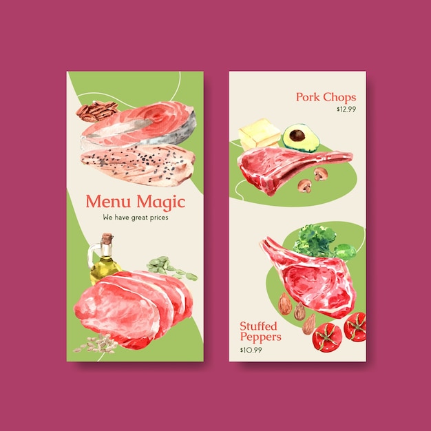 Vetor grátis modelo de menu com conceito de dieta cetogênica para ilustração em aquarela de restaurante e loja de alimentos.