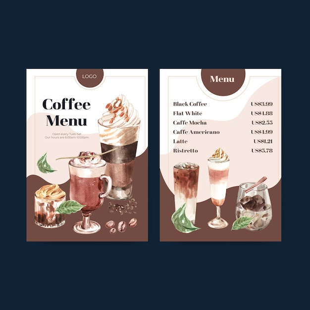 Modelo de menu com conceito de estilo de café coreano para aquarela de restaurante e bistrô