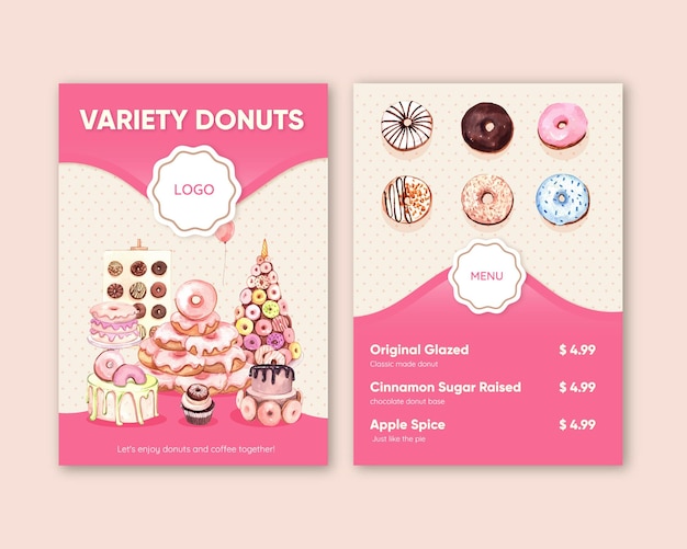 Vetor grátis modelo de menu com conceito de festa de donutestilo aquarela