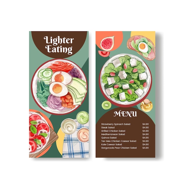Vetor grátis modelo de menu com conceito de salada saudável aquarela stylexa