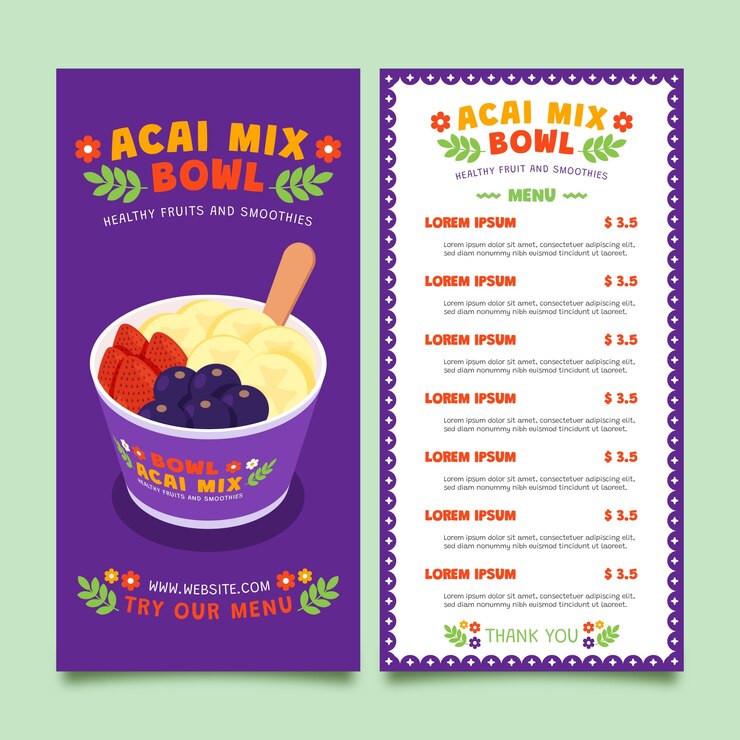 Vetor grátis modelo de menu de açaí desenhado à mão