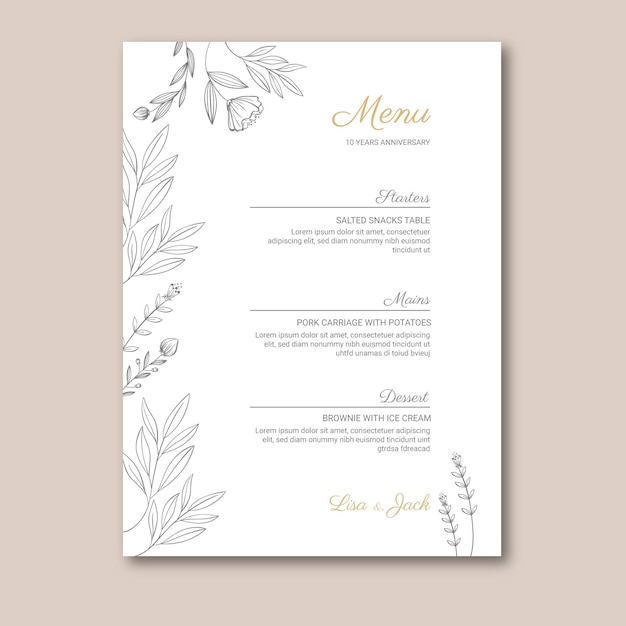 Modelo de menu de aniversário de casamento