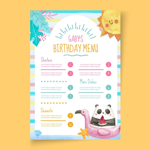 Modelo de menu de aniversário infantil