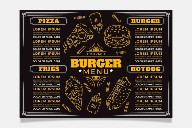 Modelo de menu de antojitos desenhado à mão