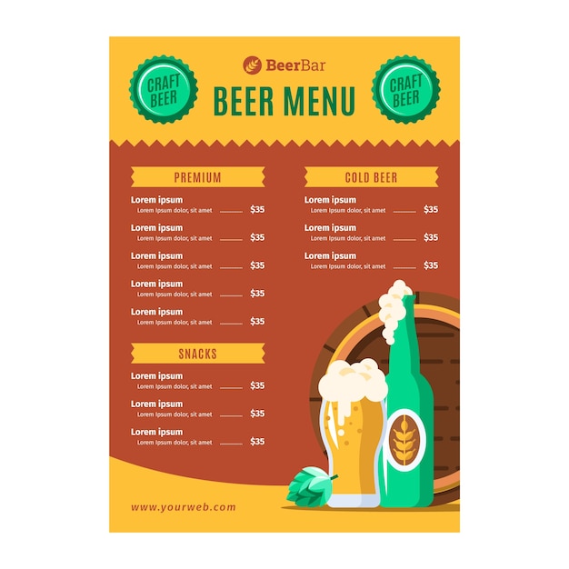 Vetor grátis modelo de menu de bar de cerveja de design plano