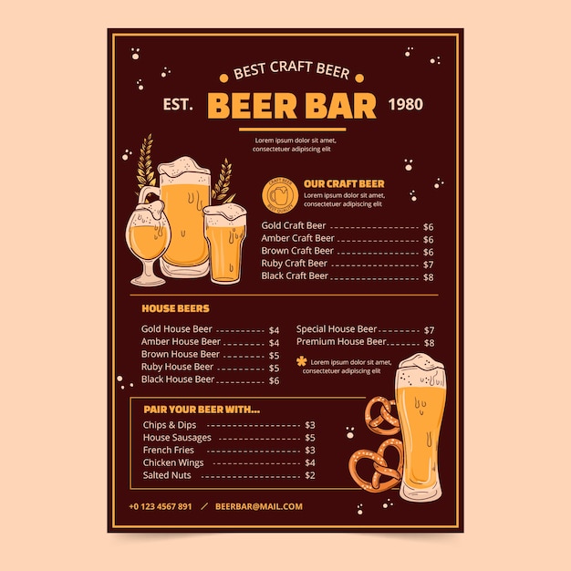 Vetor grátis modelo de menu de bar de cerveja desenhado à mão