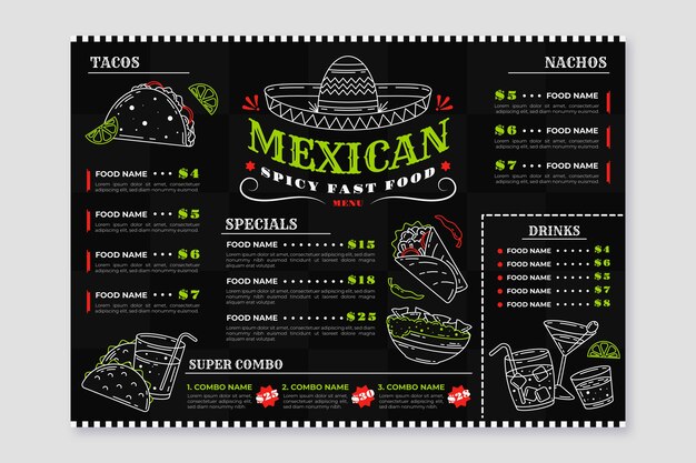 Modelo de menu de bar mexicano desenhado à mão