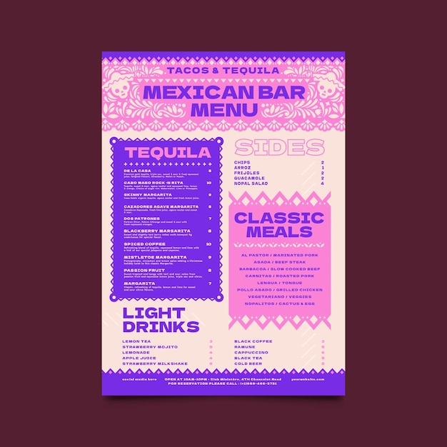 Modelo de menu de bar mexicano desenhado à mão
