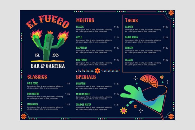 Modelo de menu de barra mexicana em gradiente