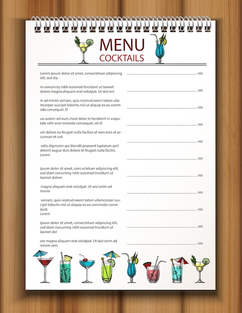 Modelo de menu de bebidas de bar e restaurante de vetor com coleção colorida de mão desenhada de coquetéis na madeira.