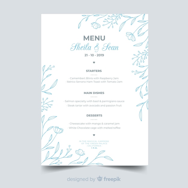 Modelo de menu de casamento desenhada de mão