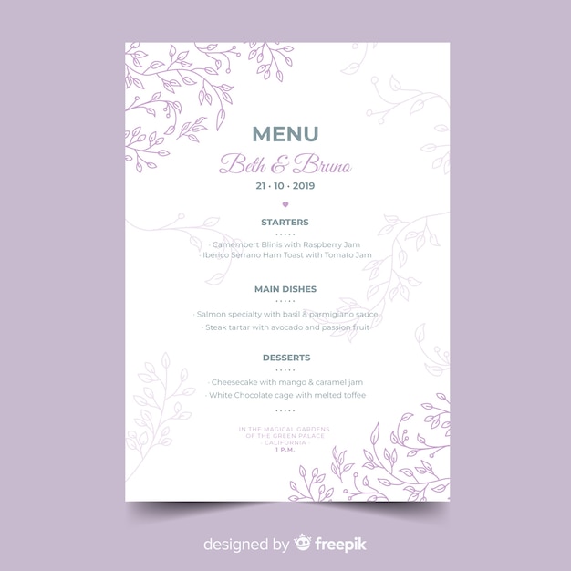 Modelo de menu de casamento desenhada de mão