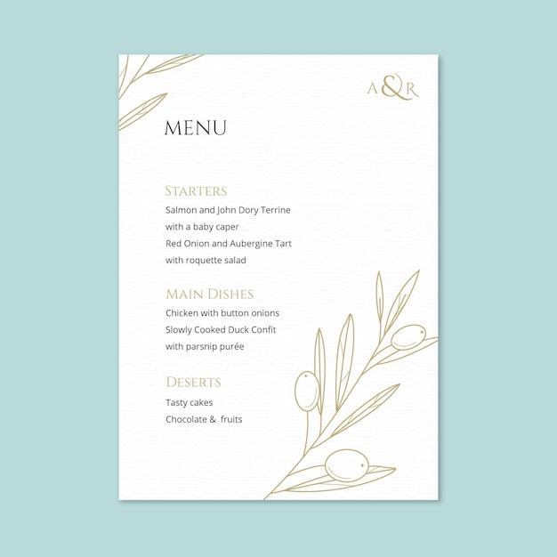 Modelo de menu de casamento elegante