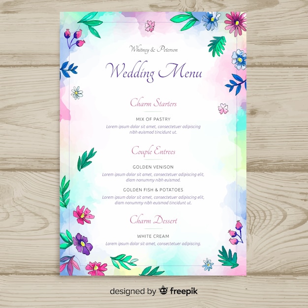 Modelo de menu de casamento estilo aquarela