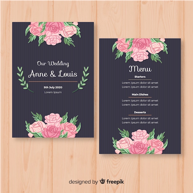 Modelo de menu de casamento floral de mão desenhada